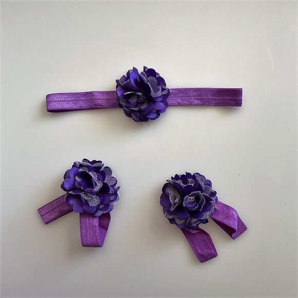 PURPLE LACE BABY GIRL FOOT FLOWER AND HEADBAND - Picture 2 of 8